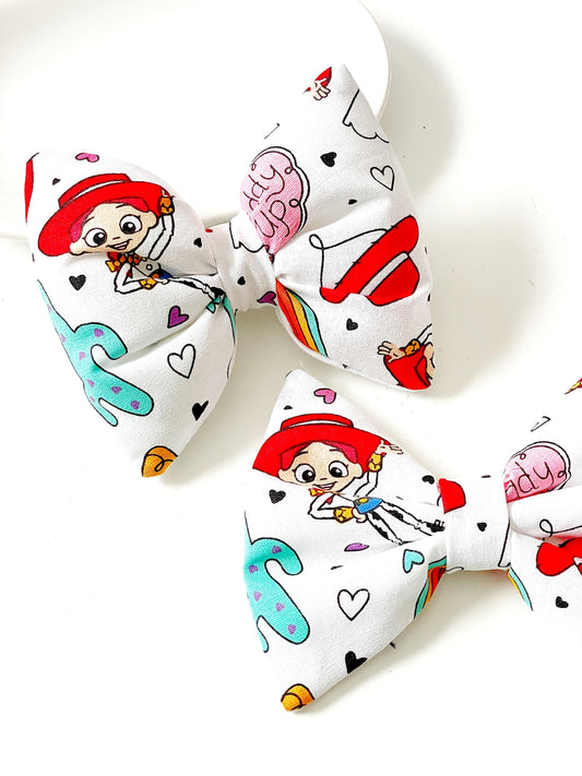 FINAL SALE, Jessie Fabric Bow, Hair Bow, Hair Clip, Toy Land Hair Bow, Jessie Doodle Bow Clip, Amusement Park Hair Bow